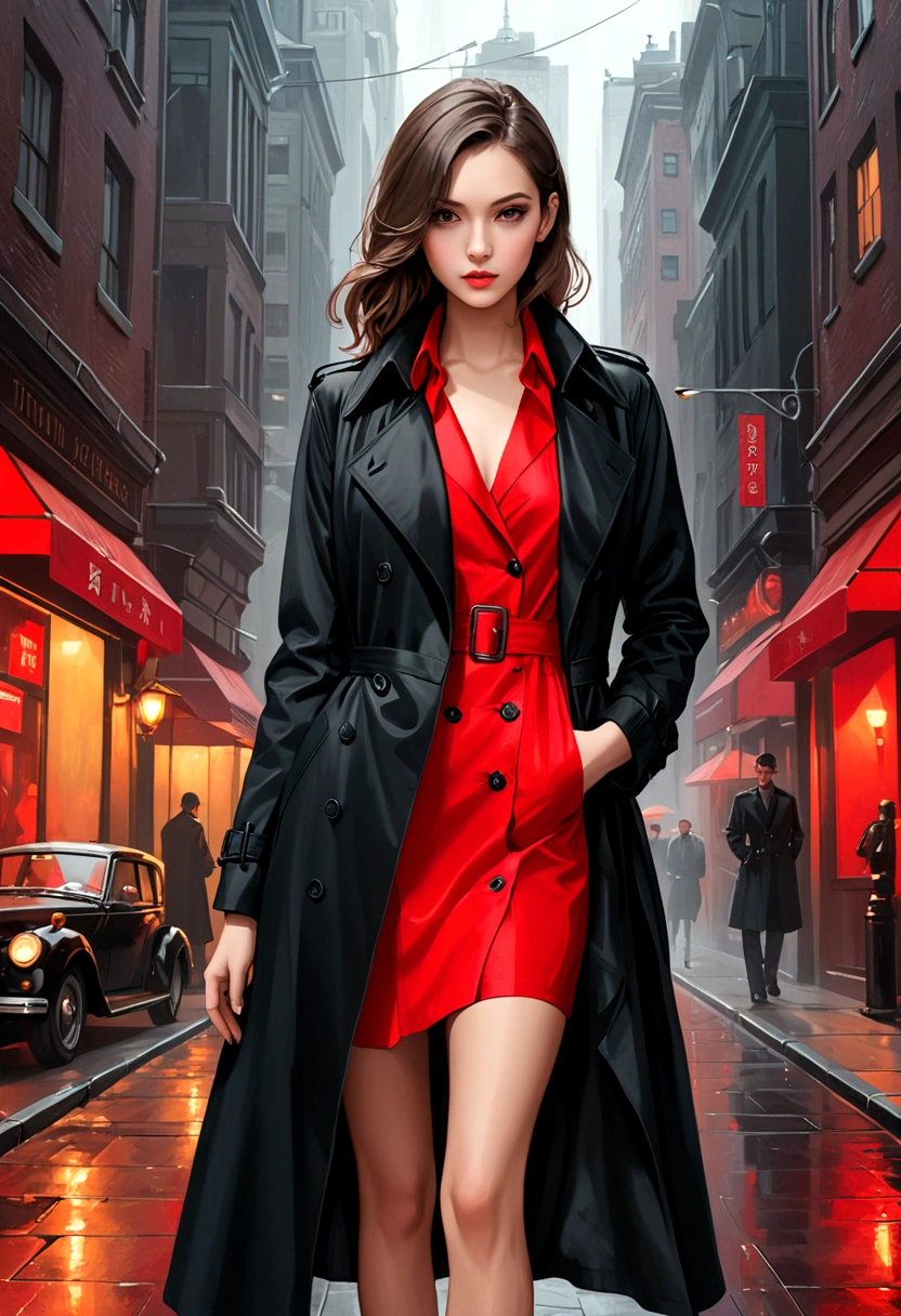 beautiful girl，Perfect body，Red slip dress，Black trench coat