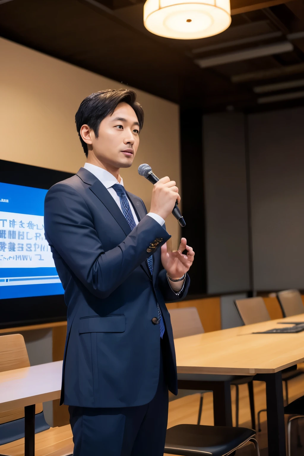 /imagine prompt:A businessman giving a presentation on business, A Japanese male businessman in his 30s giving a cool, PowerPoint presentation, Businessman's attire is casual, Background is a biophilic bright conference room, Large number of viewers, varying in attire, age group and gender Larger close-up of the businessman explaining, Framed from the viewer's perspective, Vertical aspect ratio: W1080*H1920