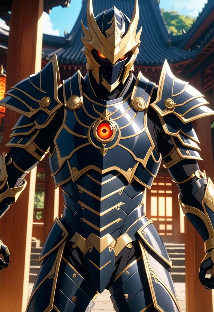An epic closeup of the dark fighter, looking at the viewer, (alone), light full body armor, (The armor covers the entire body), negro, golden edges, Dragon Eye Inlaid Armor, combat pose, full body shot, in a temple in the background, anime screencap, Masterpiece, The best quality, high detail, high resolution, UHD, 4k, 8k