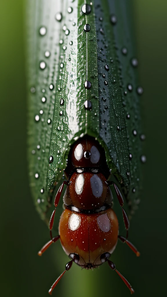 Rainy day in forest highway, an ant got hit by rain drop, close-up ant hit by a big rain drop splash. Super-realistic macro photo, 8k rendering image, blur background, super-detailed