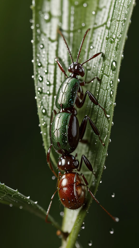 Rainy day in forest highway, an ant got hit by rain drop, close-up ant hit by a big rain drop splash. Super-realistic macro photo, 8k rendering image, blur background, super-detailed