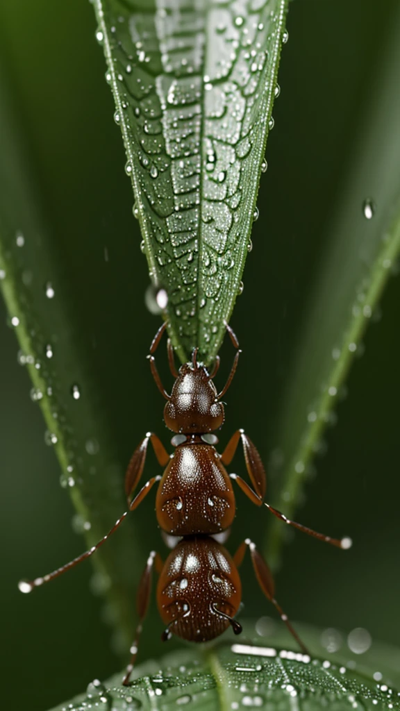 Rainy day in forest highway, an ant got hit by rain drop, close-up ant hit by a big rain drop splash. Super-realistic macro photo, 8k rendering image, blur background, super-detailed