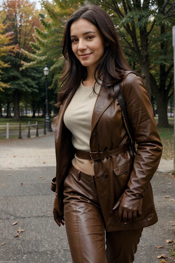 Smiling serbian woman walking in the park. Close portrait, Long black haired woman. She's wearing a belted brown trench coat, ((brown leather gloves)), skinny trousers and shirt wiath a sweater, also she's carrying a backpack on her back, Fall-winter season. Perfect fitness body anatomy. Photorealistic. Realistic colors. Realistic lights. [Increase saturation and contrast] Masterpiece. Realistic anatomy. Highly detailed. Ultra high quality.
