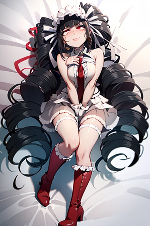 hot seductive mature woman, celestia ludenberg, pale, busty body, fluffy black pigtails, choker, black boots, blushing a lot on cheeks and nose, lying down in bed, sleeping position, very sweaty, messy hair, sharp red eyes, beautiful face, safe for work, smooth skin, full body, closeup face, view from above, seductive smile, very busty, large chest, 