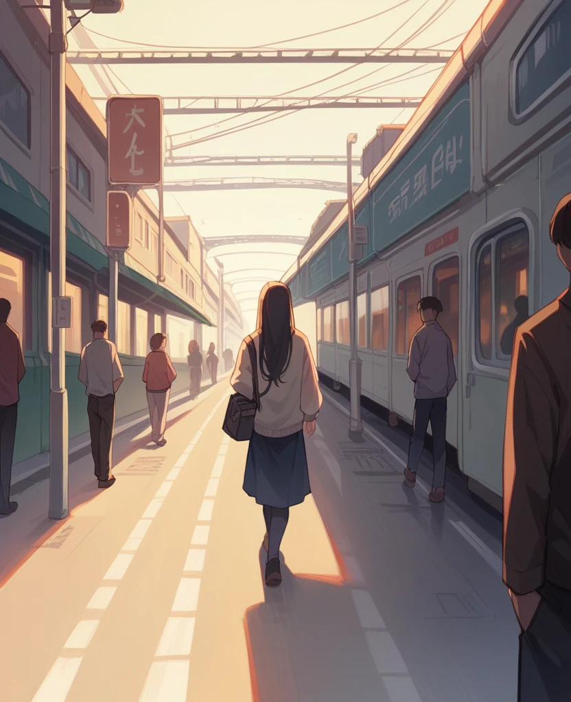 in the evening, The light is on, Street, transportation, crowd, A girl with long hair is walking alone