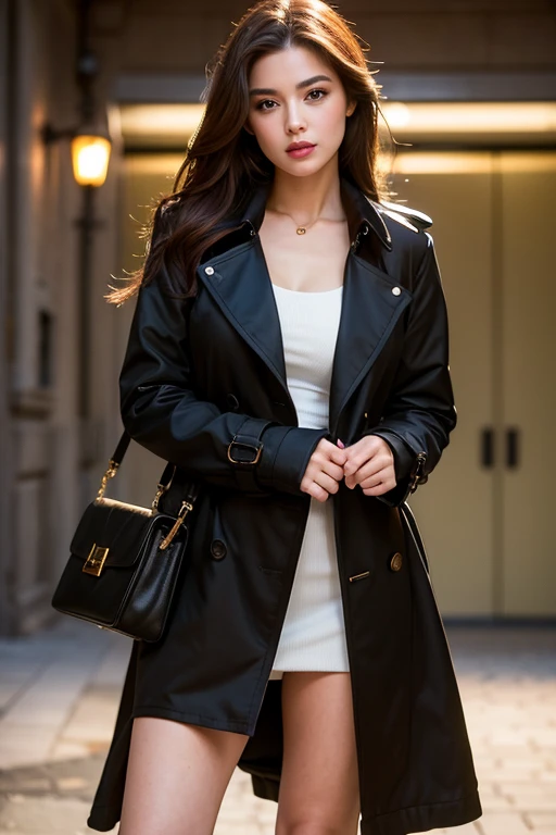(Best Quality:1.4), (8K), 32K, (UHD), (Masterpiece:1.3), Photo of Japanese pretty woman, (Photorealistic), (Raw Photography), (1girl), (Ultra High Details) BREAK (Detailed face), perfect face, (Detailed hair), Beautiful hair, bangs, Layer Cut, (symmetrical eyes:1.3), (Detailed eyes), (Detailed skin), Realistic skin, Ultra high definition, (medium breasts), (slim figure), (super model figure) BREAK  

( wearing a High fashion, fashionable black trench coat, long coat:1.3, couture:1.3, hat, wide pants, earrings ) 
BREAK 
standing, cinematic lighting, backlit, Walking the runway in a fashion show, cowboy_shot, From below