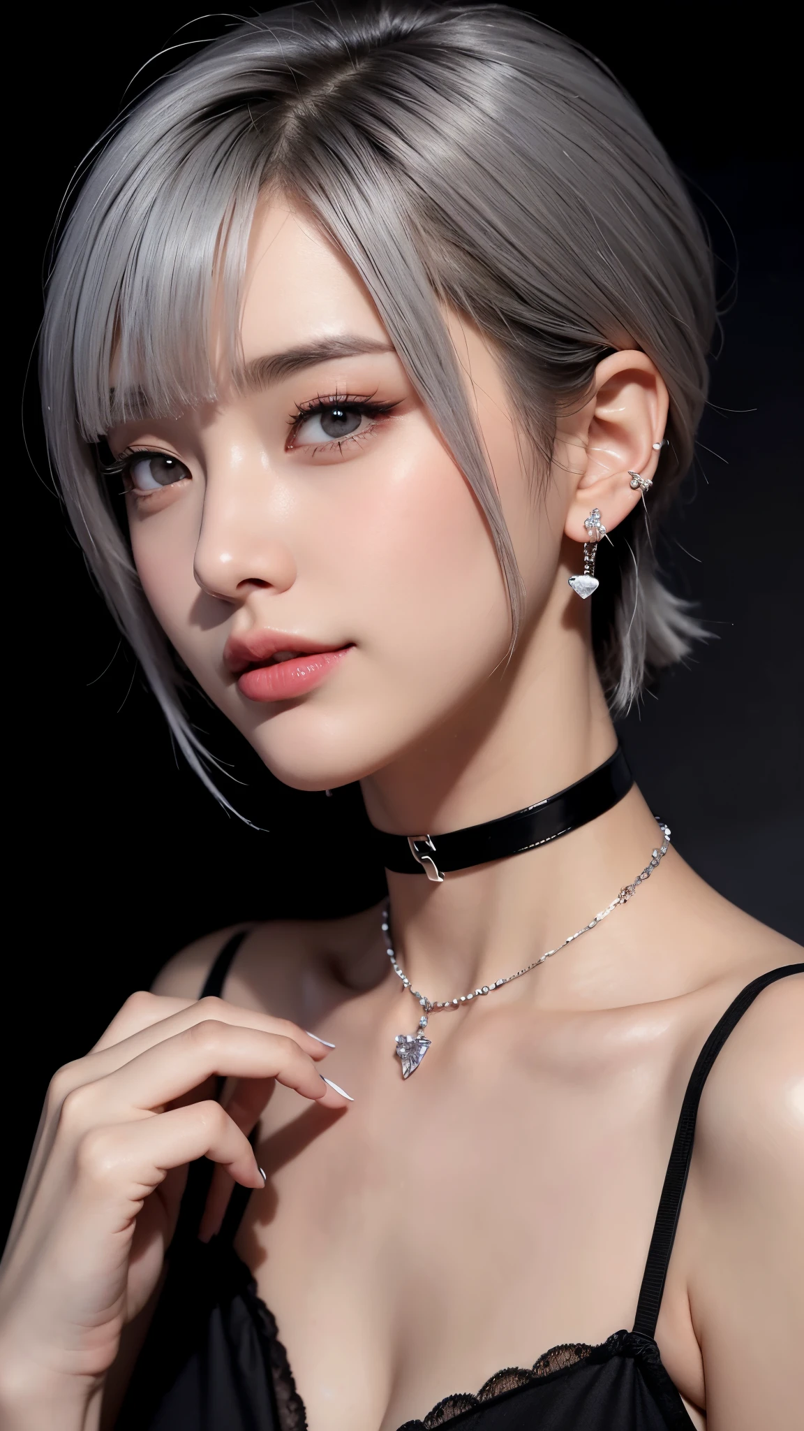 necessity, alone, 1 girl, 검은 Fingernail, jewel류, Short hair, looking at viewer, choker, necklace, piercing, ((black background)), heart mark, closed mouth, gray eyes, manicure, simple background, gray hair, ear piercing, Black choker, laugh, Eyelashes, Lips, raise one's arms, forehead, bracelet, bead, jewel, earring, Fingernail