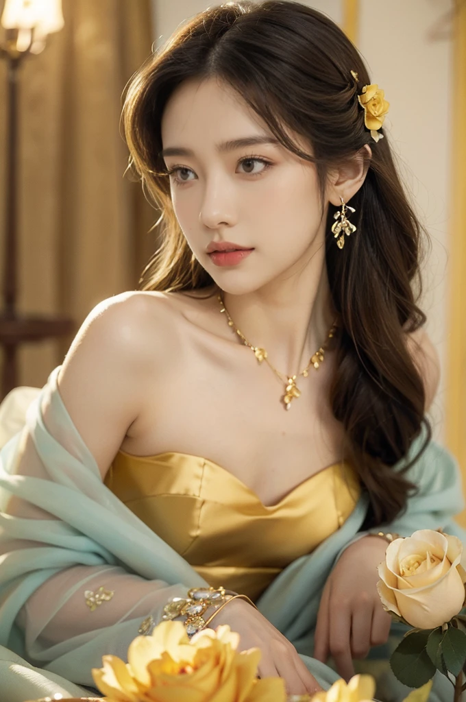 (((best quality))),(((ultra detailed))),(((masterpiece))),illustration, a stunning young girl amidst a sea of yellow roses,strapless yellow rose petal bra,slim,thin, fair skin,shoulder length straight chestnut hair,earrings,necklace,intricate patterns, embellishments, ethereal charm, sparkling eyes, gentle smile,flat chest,small breasts, innocence and grace, yellow roses background, full bloom, fragrance of roses, enchanting presence, delicate fingers, admiration, beauty and nature blend, striking appearance, vibrant yellow color, harmonious equilibrium,lasting impression,standing,((close-up of face,from front)),night scene,
