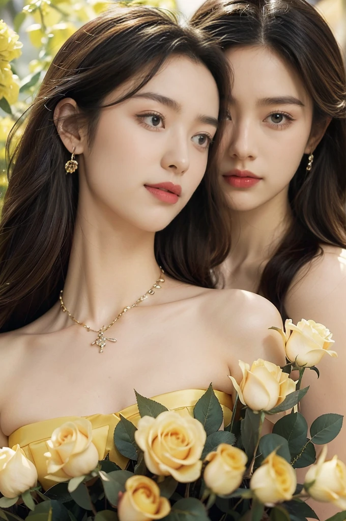 (((best quality))),(((ultra detailed))),(((masterpiece))),illustration, a stunning young girl amidst a sea of yellow roses,strapless yellow rose petal bra,slim,thin, fair skin,shoulder length straight chestnut hair,earrings,necklace,intricate patterns, embellishments, ethereal charm, sparkling eyes, gentle smile,flat chest,small breasts, innocence and grace, yellow roses background, full bloom, fragrance of roses, enchanting presence, delicate fingers, admiration, beauty and nature blend, striking appearance, vibrant yellow color, harmonious equilibrium,lasting impression,standing,((close-up of face,from front)),night scene,