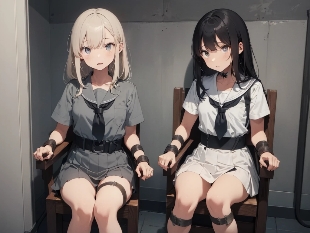 3 girls, ((squeezed together, inside tiny cube, strapped to chairs)), (sitting:1.5), (bondage chair:1.5), (inside torture room:1.5), ((basement, metal room)), (((3 girls, group of girls))), (inside tiny cube, tightly packed), arms to sides , wrist cuffs, ankle cuffs, (((shocked expression, struggling))), ((short sleeve,  sailor uniform, mini skirt, tight clohing)), arms to sides, long hair, dark hair, saphire eyes, perfect body, perfect face, detailed face, (((detailed eyes))), image taken from afar