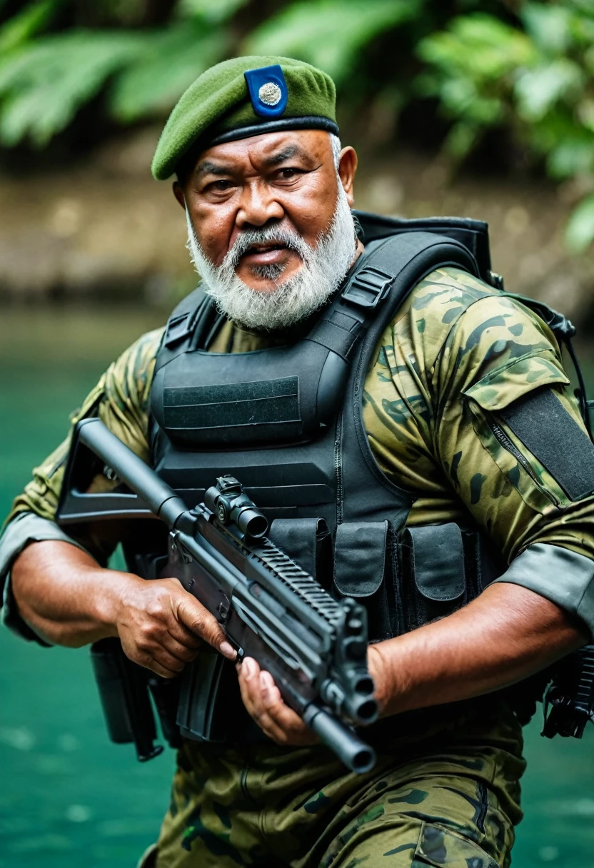 (a dark-skinned bearded fat old man in a bulky camouflage zipper diver suit) wearing army beret, shooting with a gun, muscular, Basuki Abdullah, sumatraism, action, a character portrait, heroic, fierce, snarling