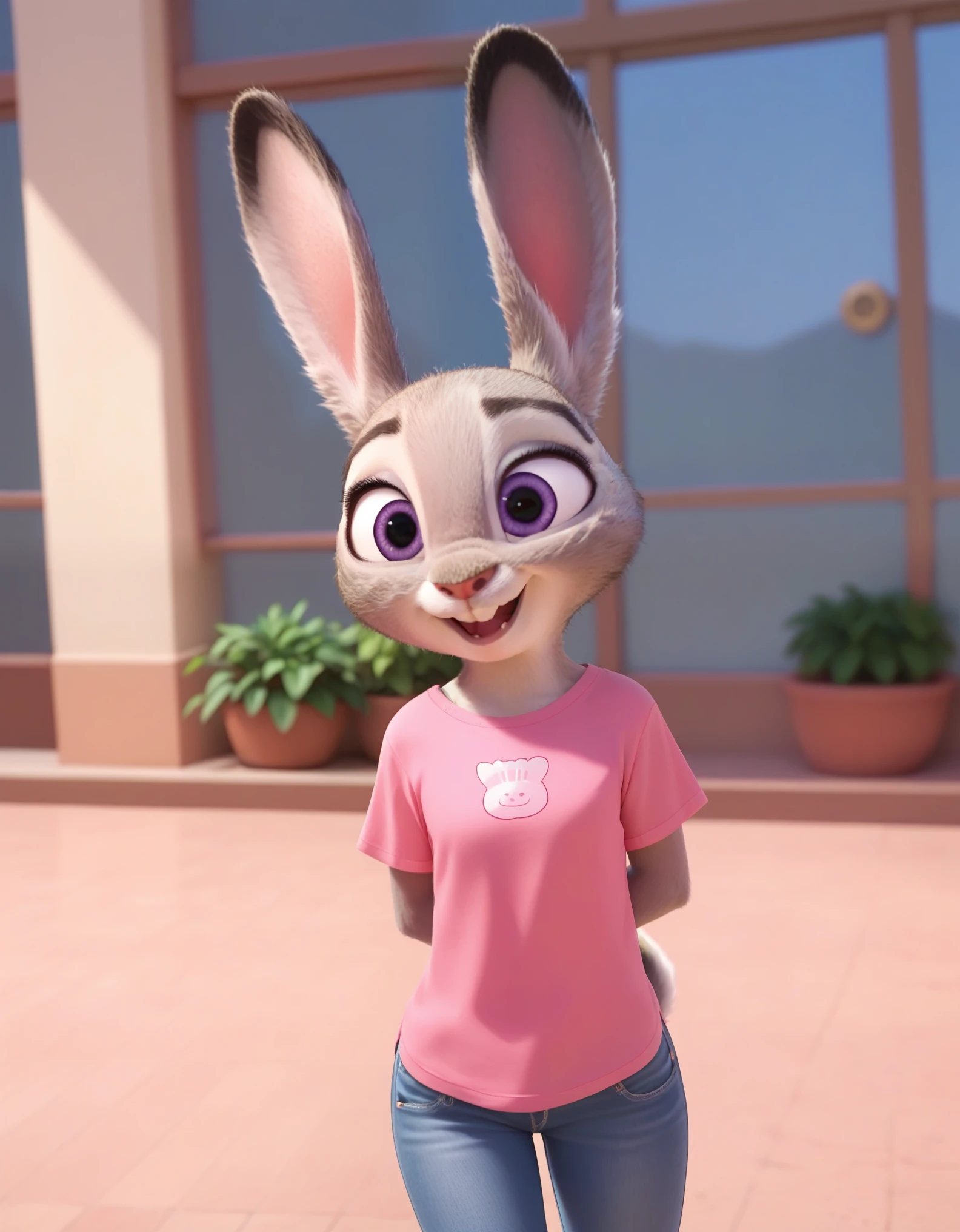 judyhopps happy, solo, pink shirt, jeans score_9, score_8_up, score_7_up, score_6_up, 