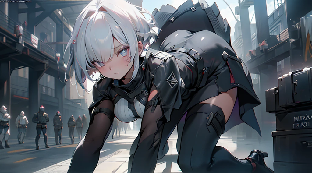 1 Girl, , Solo , Alone, A Single Human, Big Chest, Violet Eyes, , Hair accessories, White Bob Hair, Short Hair, Silver Hair, Bang, hair between eyes, military uniform, black dress, cape, white gloves, pantyhhigh heel boots, Explosion, Running, Sky, on the Aircraft Carrier Ship, Tank , Mech , Sci-fi Battlefield, ((Best quality)), ((masterpiece)), 3D, HDR (High Dynamic Range),Ray Tracing, NVIDIA RTX, Super-Resolution, Unreal 5,Subsurface scattering, Texturing, Post-processing, Anisotropic Filtering, Depth-of-field, Maximum clarity and sharpness, Multi-layered textures, Albedo and Specular maps, Surface shading, Accurate simulation of light-material interaction, Pertions, Octane Render, Two-tone lighting, Wide aperture, Low ISO, White balance, Rule of thirds,8K RAW, Aura, masterpiece, best quality, Mysterious expression, magical effects like sparkles or energy, flowing robes or enchanting attirehanic creatures or mystical background, rim lighting, side lighting, cinematic light, ultra high res, 8k uhd, film grain, best shadow, delicate, RAW, light particles, detailed skin texture, detailed cloth texture, beautiful face, (masterpiece), best quality, expressive eyes, perfect face,nikkeredhood,hair over one eye,marian,griseo,momo_burlesque