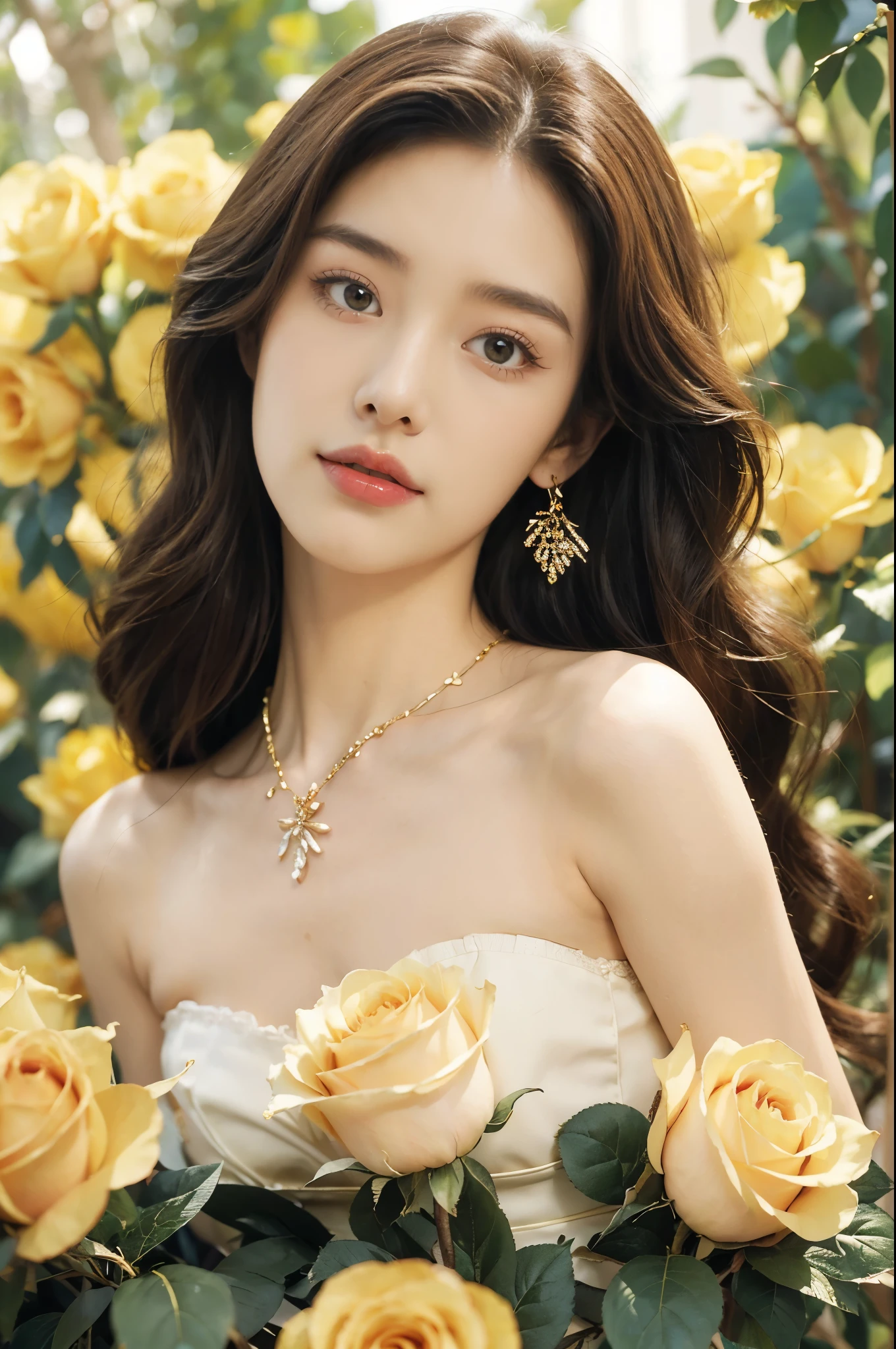 (((best quality))),(((ultra detailed))),(((masterpiece))),illustration, a stunning young girl amidst a sea of yellow roses,strapless yellow rose petal bra,slim,thin, fair skin,shoulder length straight chestnut hair,earrings,necklace,intricate patterns, embellishments, ethereal charm, sparkling eyes, gentle smile,flat chest,small breasts, innocence and grace, yellow roses background, full bloom, fragrance of roses, enchanting presence, delicate fingers, admiration, beauty and nature blend, striking appearance, vibrant yellow color, harmonious equilibrium,lasting impression,standing,((close-up of face,from front)),night scene,