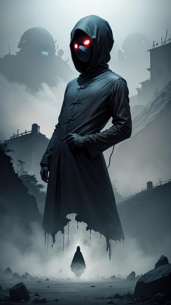 Transform the image of No-Face from ‘Spirited Away’ into a horror-themed version. Intensify his already eerie appearance with even darker shadows and a more sinister atmosphere. Make his mask more menacing with cracks or stains, and his body should appear more shadowy and undefined, almost like a wraith. The background should be filled with ominous, twisted figures and a foreboding landscape, amplifying the sense of dread. Capture the essence of No-Face as an even more terrifying and otherworldly entity.”