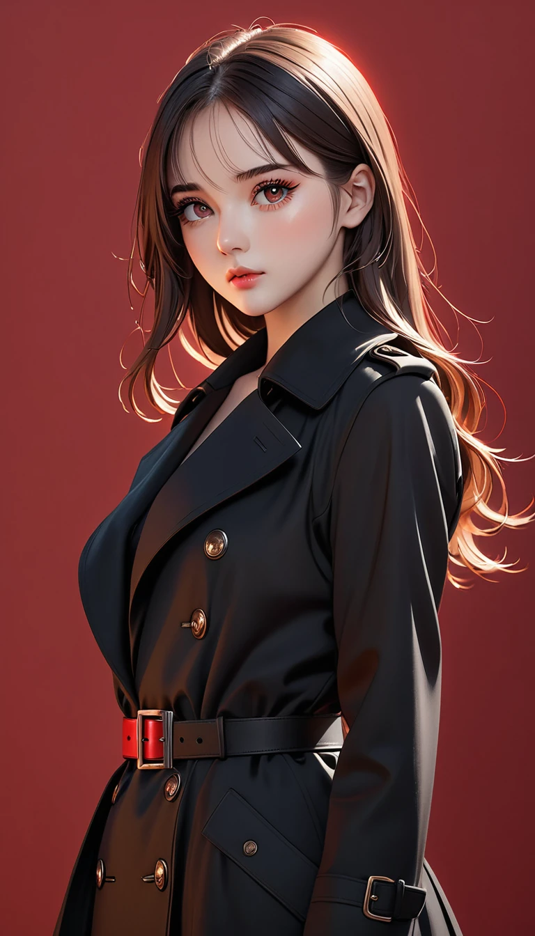 (masterpiece,high quality,8K).beautiful girl,Skin details,Bright Eyes,Thick eyelashes,Unique,Staring at the audience),(Black trench coat set:1.37,belt)。Light and Shadow,Clean and simple red background