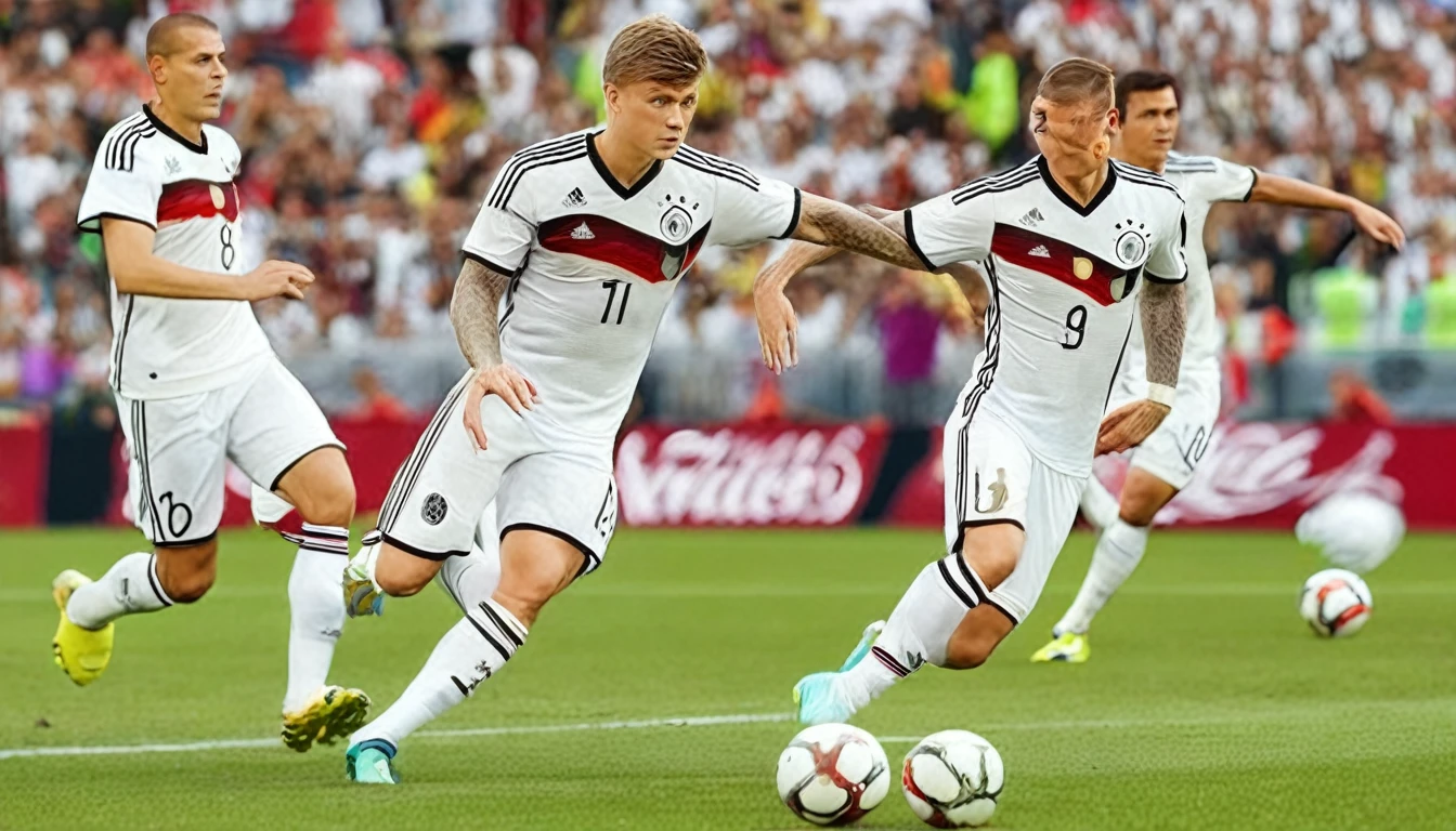 high quality, hyperdetailed, 3d, dynamic, dramatic lighting, highly detailed, photorealistic, 1 german male soccer team, soccer players, athletes, football, soccer, team, sports, sports uniforms, soccer jerseys, cleats, soccer ball, soccer field, stadium, crowds, cheering fans, flags, banners, action pose, muscular figures, sweat, motion blur, depth of field, germnan flag on jersey, (Toni Kroos)