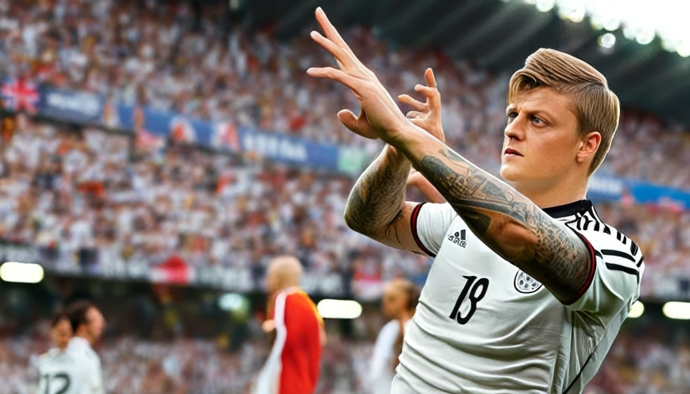 high quality, hyperdetailed, 3d, dynamic, dramatic lighting, highly detailed, photorealistic, 1 german male soccer team, soccer players, athletes, football, soccer, team, sports, sports uniforms, soccer jerseys, cleats, soccer ball, soccer field, stadium, crowds, cheering fans, flags, banners, action pose, muscular figures, sweat, motion blur, depth of field, germnan flag on jersey, (Toni Kroos)