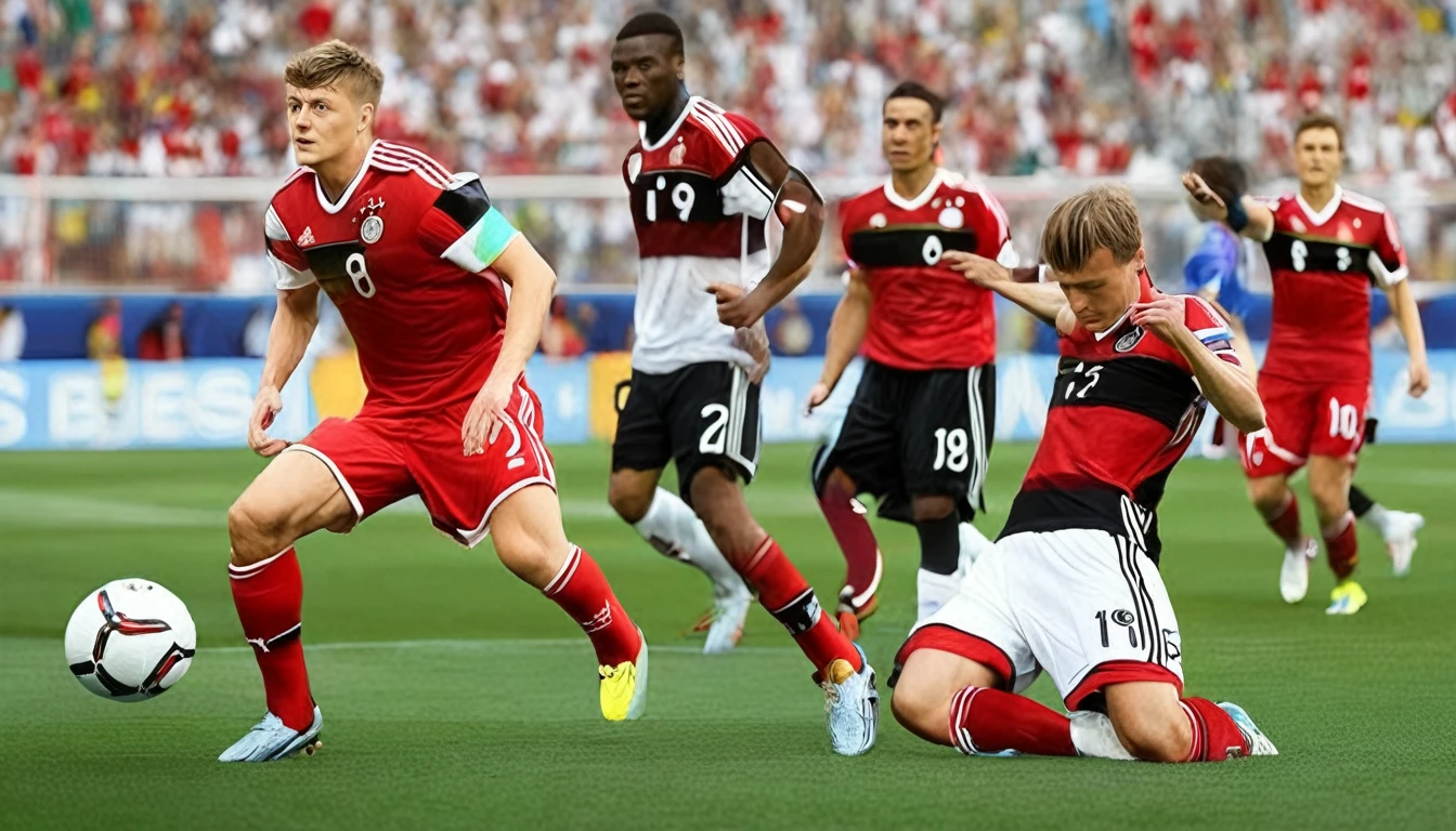 high quality, hyperdetailed, 3d, dynamic, dramatic lighting, highly detailed, photorealistic, 1 german male soccer team, soccer players, athletes, football, soccer, team, sports, sports uniforms, soccer jerseys, cleats, soccer ball, soccer field, stadium, crowds, cheering fans, flags, banners, action pose, muscular figures, sweat, motion blur, depth of field, germnan flag on jersey, (Toni Kroos)
