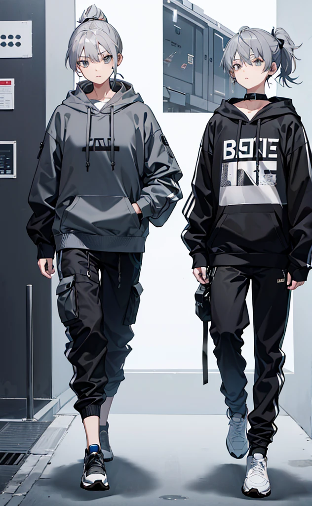 juvenile,flat chest,Dissemination,Gray Hair,Grey Hoodie,Gray Eyes,trousers,Technology,Brighter colors。individual,High Ponytail