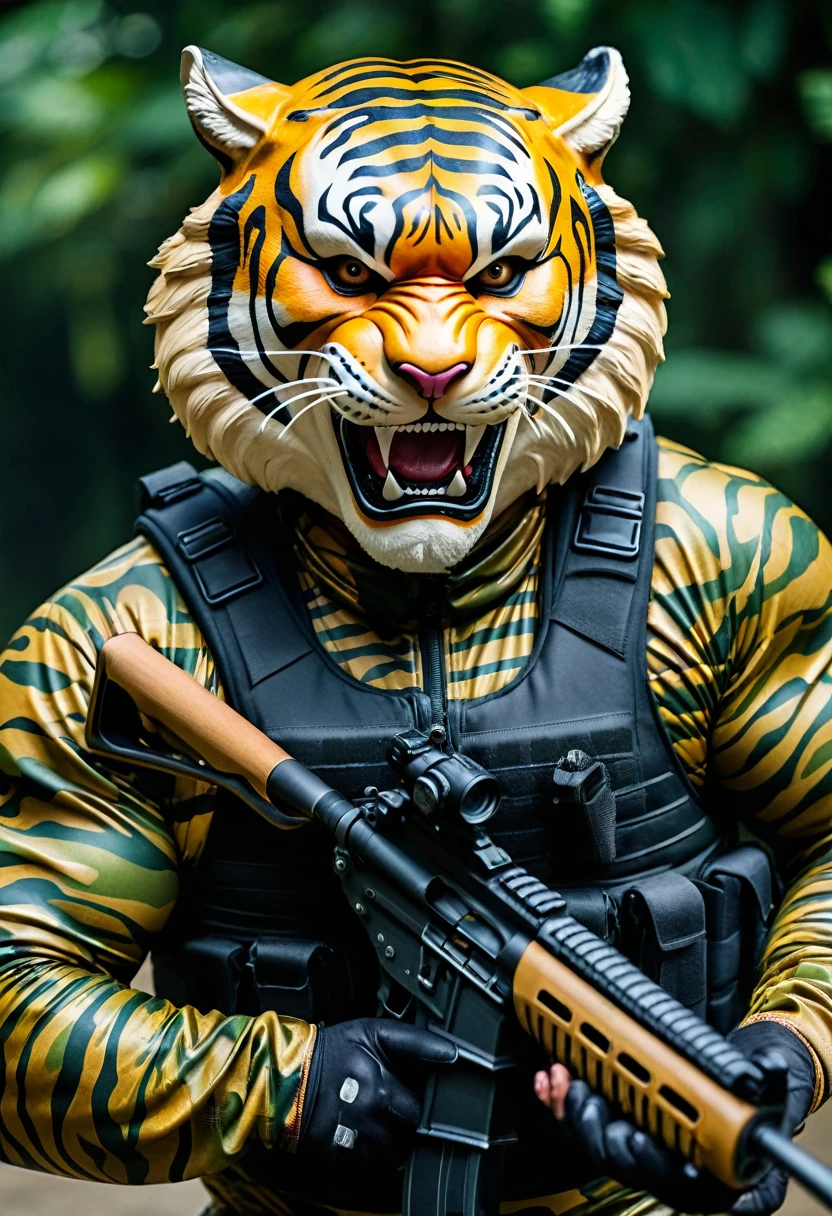 (a dark-skinned fat muscular old man in a bulky camouflage zipper diver suit) shooting with a rifle and (wearing realistic roaring siberian tiger mask), muscular, Basuki Abdullah, sumatraism, action, a character portrait, heroic, fierce, snarling