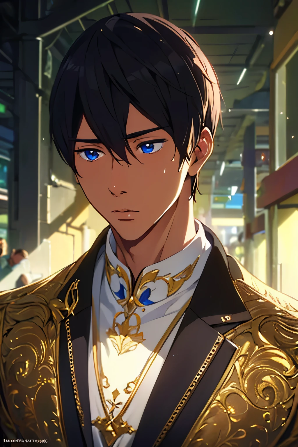 1man, male_focus, realistic, beautiful detailed face, great body, perfect skin,
 detailed skin texture, beautiful intricate clothes with elaborate decoration, cinematic lighting,
 volume lighting, lens flare, bloom, masterpiece, best quality, ultra detailed, 8k,
 intricate details, portrait