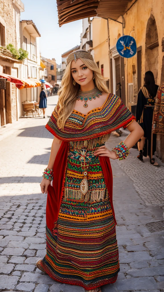 beautifull hot german blonde, robe kabyle, berber, amazigh dress, kabyledress, tizi ouzou, berber outfil, kabylegirl, bijoux, street background, full body, realistic