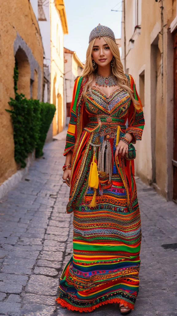beautifull hot german blonde, robe kabyle, berber, amazigh dress, kabyledress, tizi ouzou, berber outfil, kabylegirl, bijoux, street background, full body, realistic