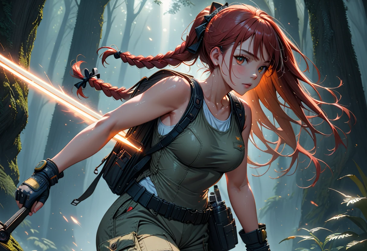 8k resolution, depth of field, lens flare, photorealistic,((best quality)), (((intricate details))), highly detailed, (((cinematic effect))), looking at viewer,A young red-haired woman usually dressed in a tank top, often olive green or black, tight-fitting and sleeveless, allowing freedom of movement. She wears shorts or cargo pants, usually khaki or dark green in color, with several pockets to store her equipment. His outfit includes a utility belt with a buckle, pistols in a holster on each side, and additional pouches for ammo and tools. She wears sturdy combat boots that provide ankle support and grip for climbing and running. Lara also wears fingerless gloves, a watch, and a backpack to carry larger items. Her hair is usually tied into a practical ponytail or braid. , emphasizing his desire for adventure in the Amazon forest,no anatomical defects, fine details, dynamic lighting, high quality.