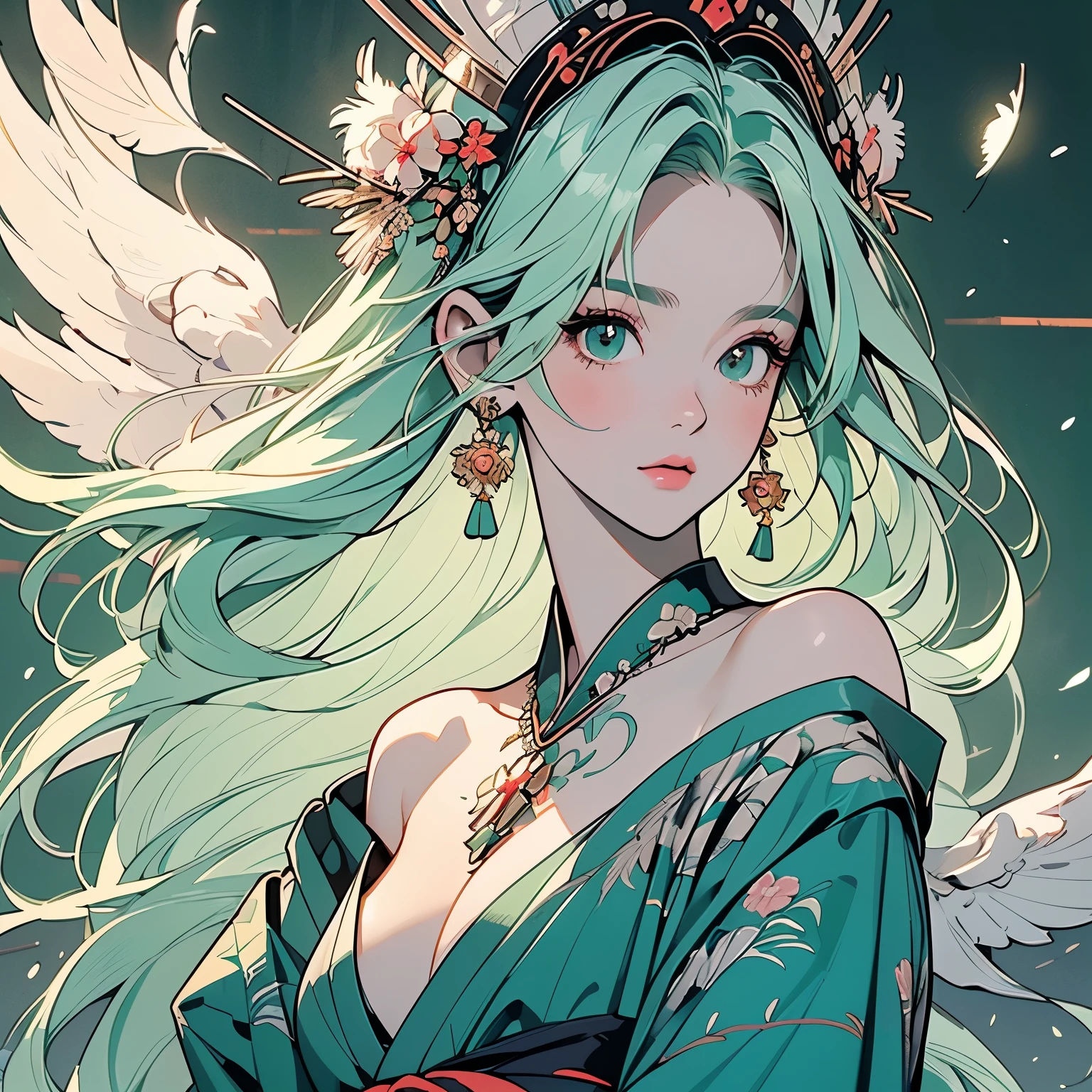 ultra complicated kimono, perfect kimono, detailed kimono, masterpiece, ultra complicated, torii gate, night view, forest, lake, one woman, perfect face, lantern, faint lighting, mysterious, (((head shot))), (((ultra detailed pale green hair))), sparkling eyes, mysterious, colorful sash, wind blowing,panorama, long shot, ultra complicated background, (((ultra complicated perfect Large bird head motif headdress))), (((ultra complicated perfect bird's feathers))), 32k, Various angles, various poses,(((Ultra detailed bird's head))),(((Hair and bird feathers fused together))),(((have a glimpse of one's chest))),(((Shoulders and chest exposed))),(((ultra complicated Large flower tattoo on the chest)))
