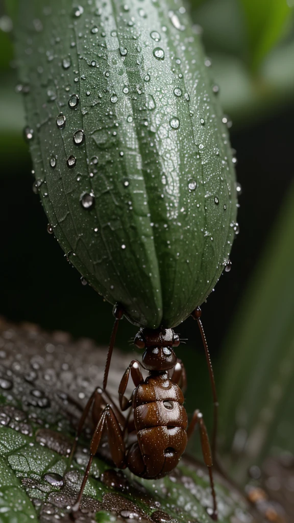 Rainy day in forest highway, an ant got hit by rain drop, close-up ant hit by a big rain drop splash. Super-realistic macro photo, 8k rendering image, blur background, super-detailed