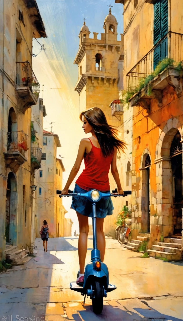 pretty 1girl on 1scooter in the scene in a street of a classic Italian stone town: 1.5, sunrise, great detail of buildings, towers, (art inspired by Bill Sienkiewicz). oil painting)