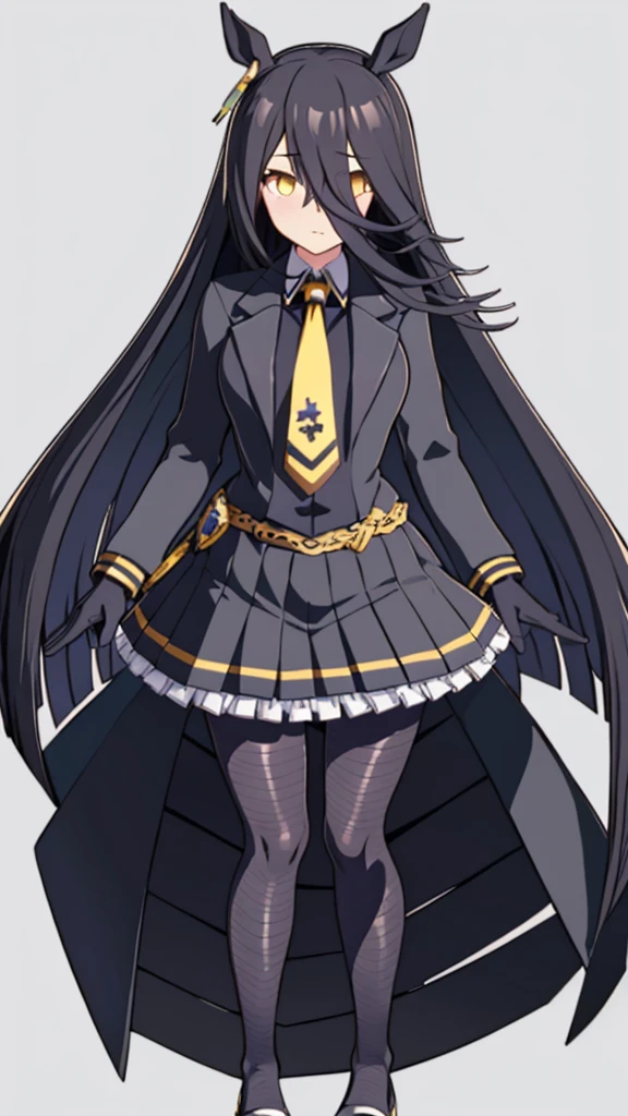 Manhattan Cafe,One girl,
Long Hair,
formal_Costumes,
Black coat,Collared shirt,Long sleeve,Yellow tie,
Black pleated skirt,belt,
Black Pantyhose,Thick thighs,Big Breasts,A plump figure,
White footwear,
Black gloves,
whole body,
Simple Background,White,