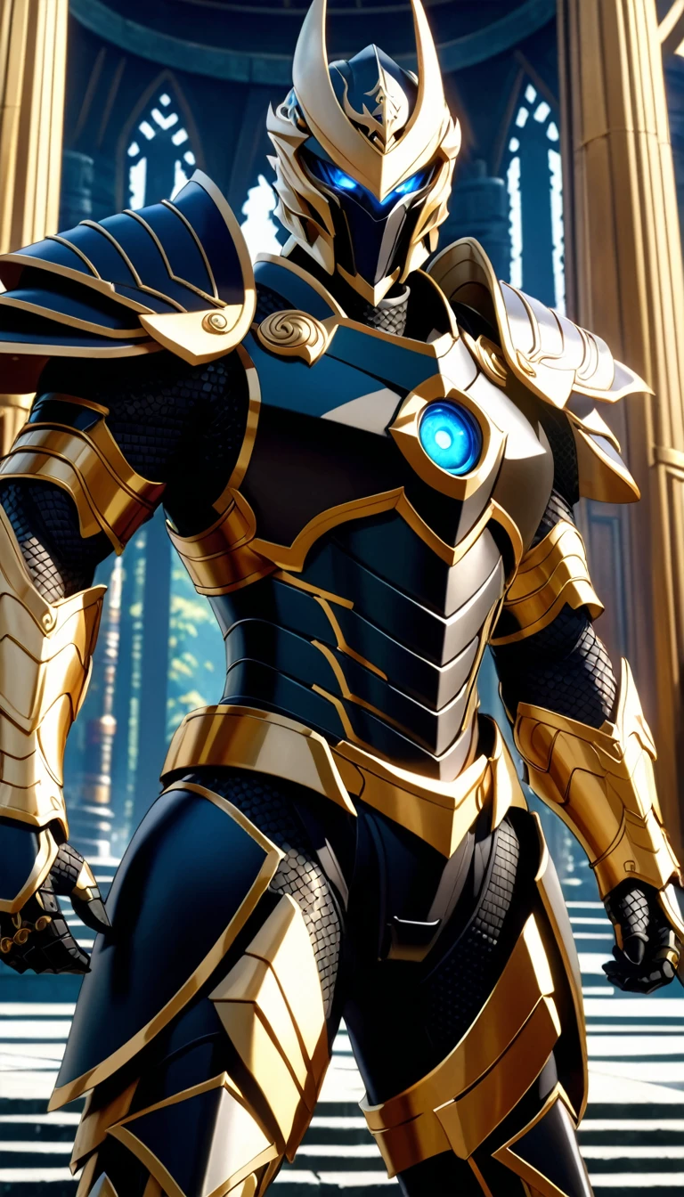 An epic closeup of the dark fighter, looking at the viewer, (alone), light full body armor, (The armor covers the entire body), negro, golden edges, Dragon Eye Inlaid Armor, combat pose, full body shot, in a temple in the background, anime screencap, Masterpiece, The best quality, high detail, high resolution, UHD, 4k, 8k
