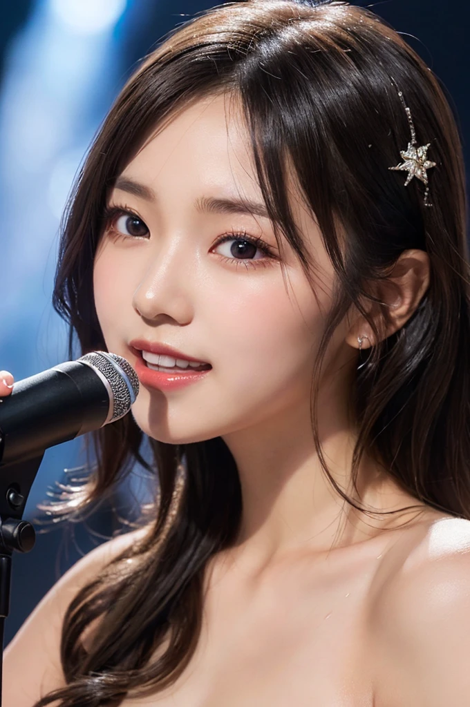 (masterpiece:1.3), High resolution, Super detailed, Highly detailed CG Unity 8k wallpaper, Realistic, photo-Realistic, RAW Photos, Beautifully detailed face, Pale skin, Realistic glistening skin, Detailed cloth texture, Detailed hair texture, Perfect body, Beautiful Face, Accurate, Anatomically correct, Highly detailed face and skin texture, Natural neck length, (Beautiful Hands), (Fair skin:1.1), (Good teeth alignment:1.1), (Sweaty skin:1.2),
break,
Fine grain, Symmetrical eyes, Light brown eyes, double eyelid, Thin eyebrows, (Glossy Lips:1.4), ((A face waiting for a kiss:1.2)), (blush:1.1), (Sparkly little hair accessories:1.1), (Beautiful smile:1.1), (Holding a microphone:1.3),
break,
(An elegant and cute 15-year-old junior idol:1.3), (nude, nsfw, Very erotic nipples:1.4), baby face,
break,
flat chest, Slim figure, Toned Abs,
((Half Up, Black Hair, bangs:1.2)), (Cowboy Shot:1.2), (View your viewers), Cowboy Shot, From above,
break,
(Singing on stage:1.3),