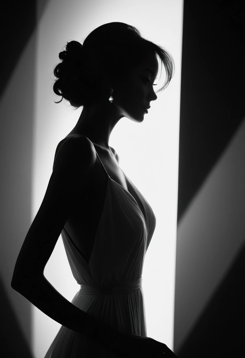 black and white, Candid silhouette of a woman, half body shot, whimsical photography style, captured with an Arriflex 35BL camera using Canon K25 prime lenses, cinematic, dramatic lighting, ultra clear, breathtaking surreal masterpiece.