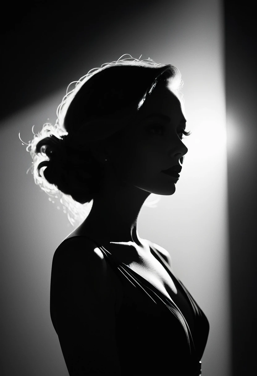 black and white, Candid silhouette of a woman, half body shot, whimsical photography style, captured with an Arriflex 35BL camera using Canon K25 prime lenses, cinematic, dramatic lighting, ultra clear, breathtaking surreal masterpiece.
