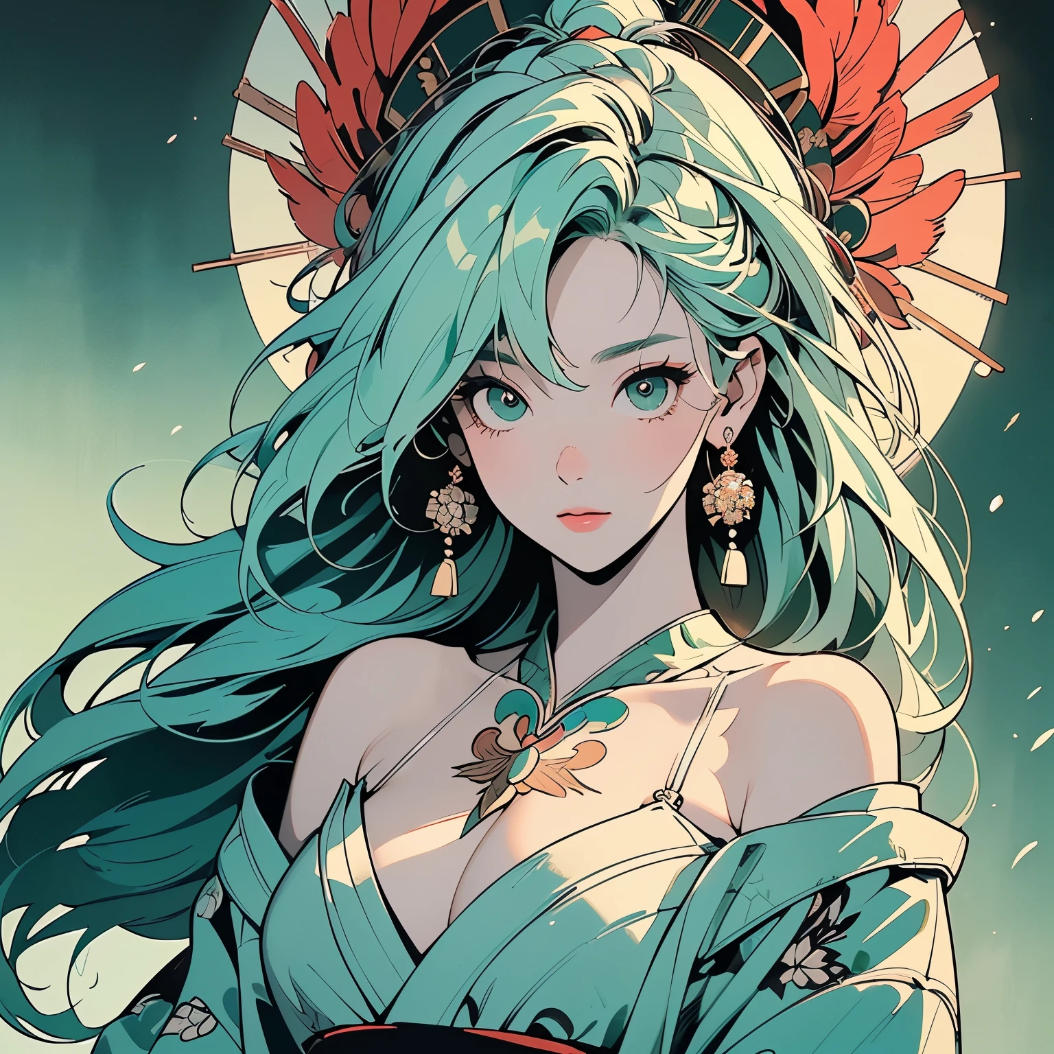 ultra complicated kimono, perfect kimono, detailed kimono, masterpiece, ultra complicated, torii gate, night view, forest, lake, one woman, perfect face, lantern, faint lighting, mysterious, (((head shot))), (((ultra detailed pale green hair))), sparkling eyes, mysterious, colorful sash, wind blowing,panorama, long shot, ultra complicated background, (((ultra complicated perfect Large bird head motif headdress))), (((ultra complicated perfect bird's feathers))), 32k, Various angles, various poses,(((Ultra detailed bird's head))),(((Hair and bird feathers fused together))),(((have a glimpse of one's chest))),(((Shoulders and chest exposed))),(((ultra complicated Large flower tattoo on the chest))), (((Nipples)))