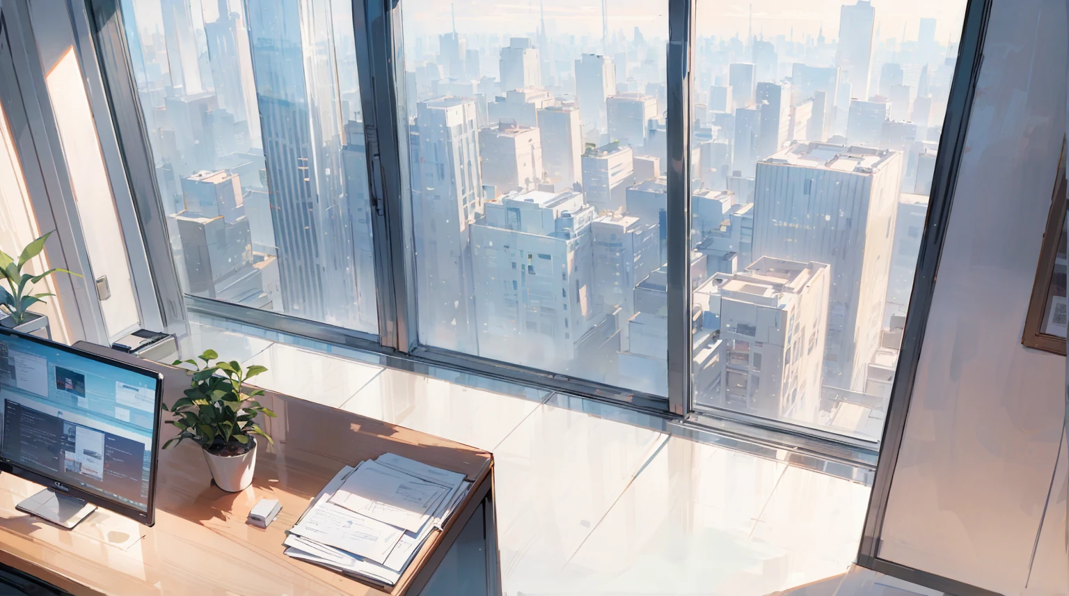 (best quality,masterpiece:1.2,detailed details,4k),((best quality)), ((masterpiece)), (detailed), office, potted plants, computers and documents on the desk,, floor-to-ceiling windows, the street view in the distance outside the window, the scene from the top down,