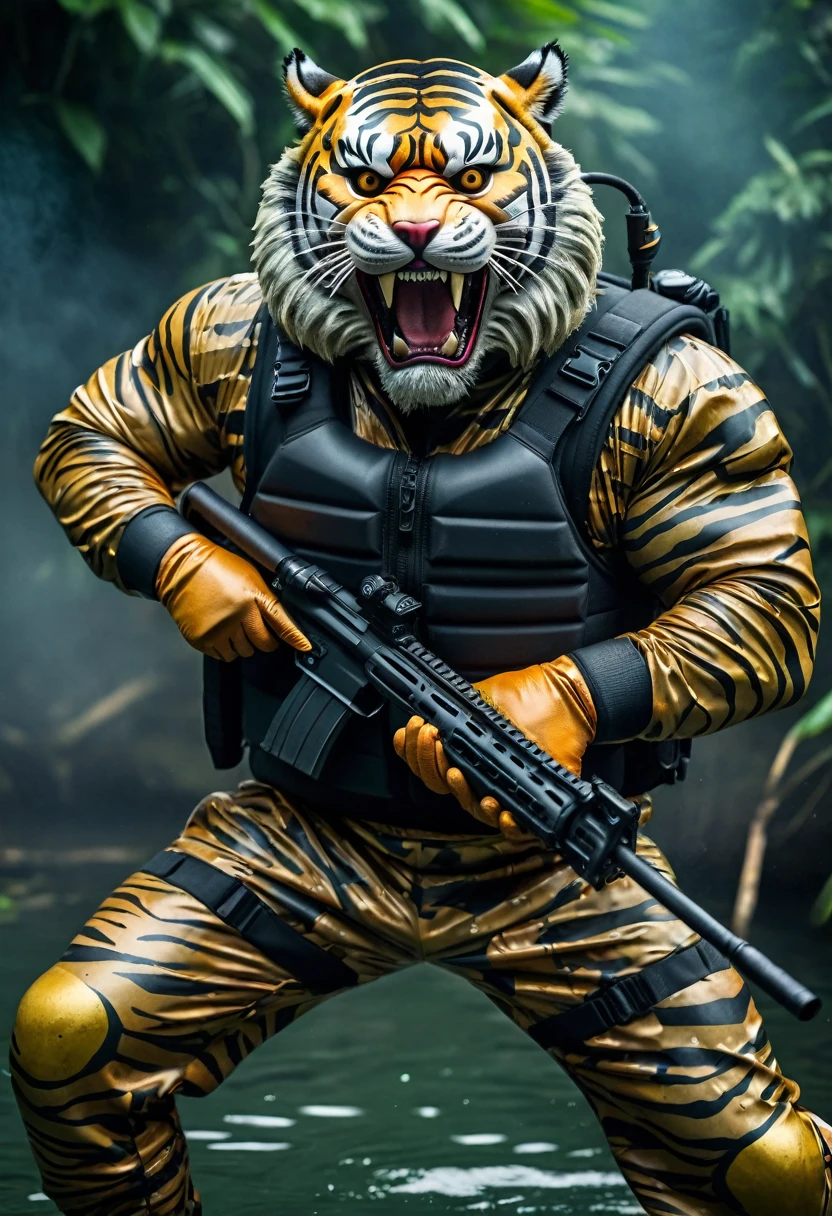 (a dark-skinned fat muscular old man in a bulky camouflage zipper diver suit) shooting with a rifle and (wearing realistic roaring siberian tiger mask), muscular, Basuki Abdullah, sumatraism, action, a character portrait, heroic, fierce, snarling