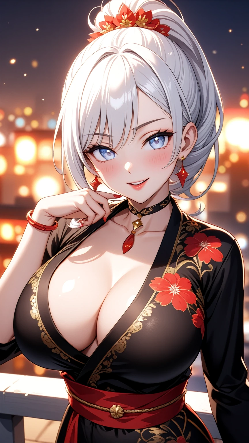 ((One personの女性)), Beautiful Face, (Laughing embarrassedly), (laugh:1.2),((Wink:1.7)), (head tilt:1.3), Laugh with your mouth wide open, upper teeth, looking down at viewer, ((Bright red cheeks:1.4)),Glossy Red Lips,rooftop, firework, Glossy red lips, Shining Face, ((Anime style background)),masterpiece, Highest quality, so beautiful,up to date, Complex details, (Pink long nails),(ring),(bracelet),(Floral choker),AI-generated, Complex,High resolution, Highest quality, super high quality,3D Images、3D Images,One person,Long white hair,High Ponytail, Anime woman posing for a photo,(blue eyes), ((Fine grain、Silvery white, lightly pigmented eyes、Shining Eyes:1.3)), (Squint your eyes:1.1),a hyperRealistic , hyperRealistic , Realistic,Anime woman with long white hair, Smooth anime CG art, A woman in a colorful kimono with gold embroidery, (Black long sleeve kimono),Red floral pattern,Long flower hair ornament,Earrings,Mature Body,(Big Breasts:1.1),Tall,Abdominal muscles,Tight waist,(Zoom up to face:1.3), ((front view)),