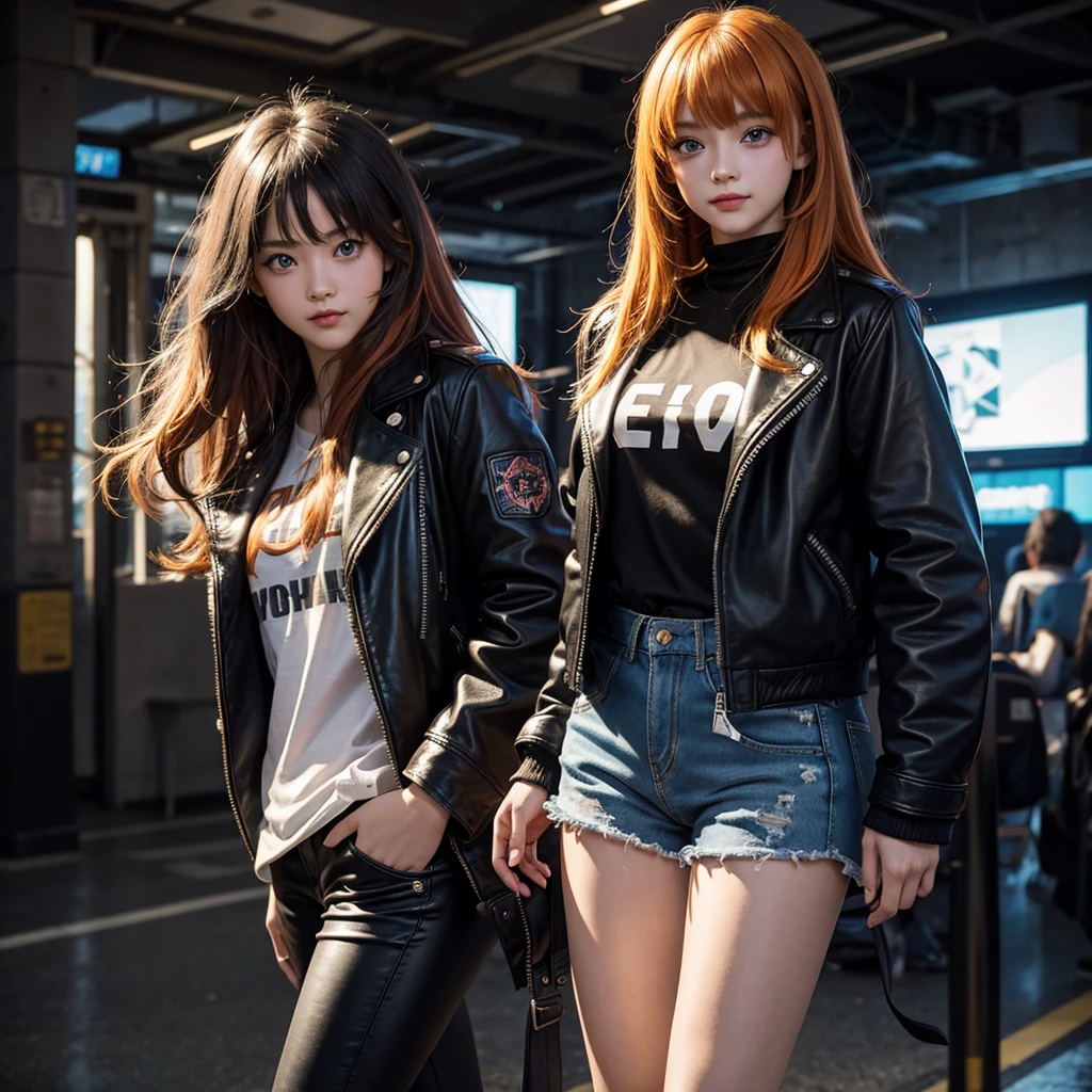Elementary school girl,smile,Best Quality,Cyberpunk Girl,middle School girls,8K,Super detailed,Highest quality,cute,fluffy,Angel,Long Hair,leather jacket,Horny girl,Leather pants,fur jacket,blue eyes,美しいcute女の子,Horny girl,Leather shorts,Hands in pockets,Orange hair color,Latest Fashion