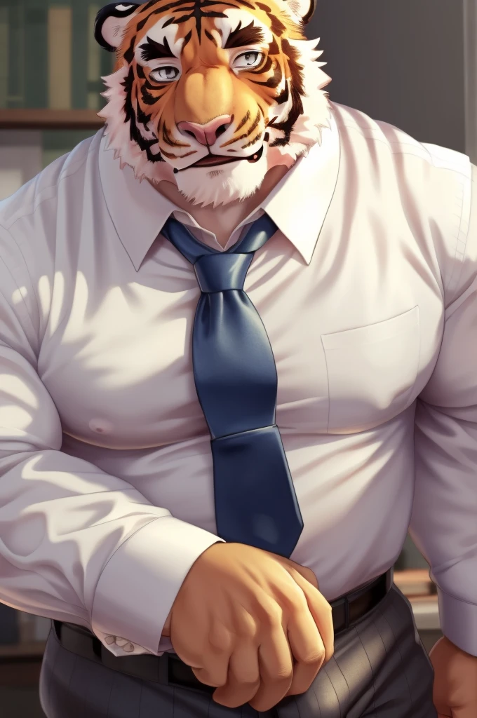 Author: bontiage, (1 boy), One, tiger, bulge, pants, long sleeve plain shirt, necktie, Men's Second, kemono, hot body, muscle, Beautiful, sexual, Attractive guy, (Detailed black eyes), brows, (masterpiece, A high resolution, Best quality), 4K, a male, Beautiful shadow
