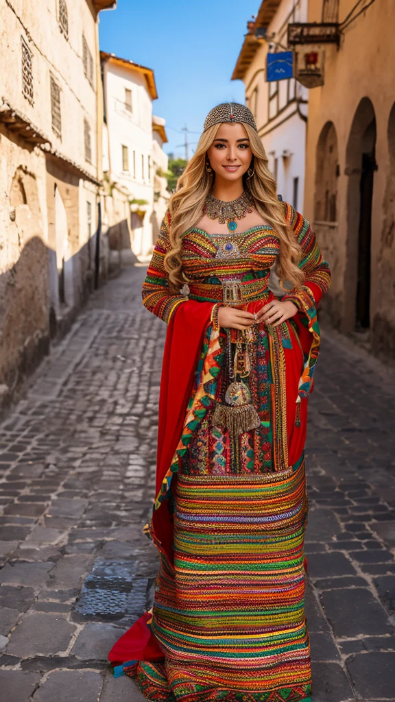 beautifull hot german blonde, robe kabyle, berber, amazigh dress, kabyledress, tizi ouzou, berber outfil, kabylegirl, bijoux, street background, full body, realistic