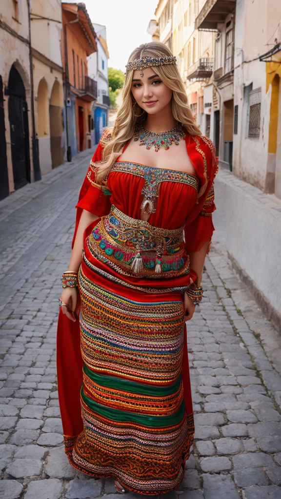 beautifull hot german blonde, robe kabyle, berber, amazigh dress, kabyledress, tizi ouzou, berber outfil, kabylegirl, bijoux, street background, full body, realistic