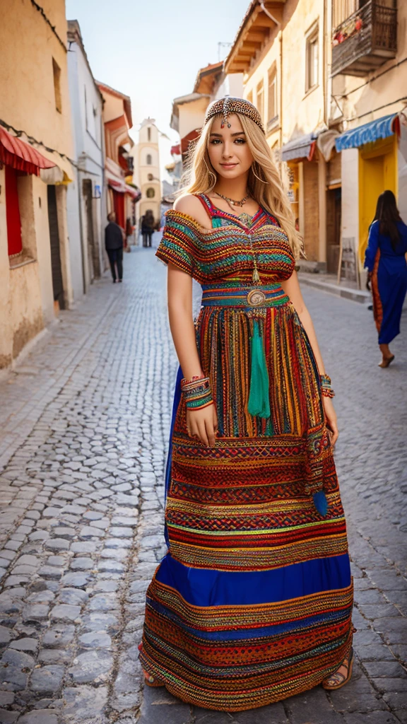 beautifull hot german blonde, robe kabyle, berber, amazigh dress, kabyledress, tizi ouzou, berber outfil, kabylegirl, bijoux, street background, full body, realistic