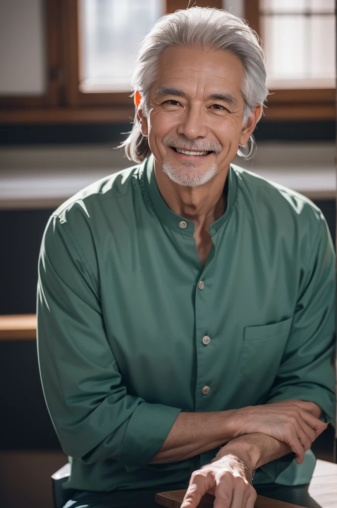 Medium-sized display, Medium shot, Written border depth, Break, Upper Body, angle, masterpiece, angle, (RAW photos, best quality), best quality, Very detailed, CG, 8k wallpaper, Vicissitudes, Older male protagonist,Solitary, Smile, Divide salad, Look directly at the audience, front
