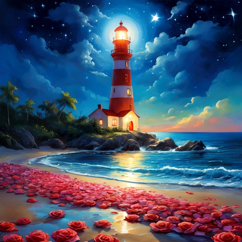 Seaside at night，Long shot，In the distance is the quiet and bright starry sky and islands，There is glowing sea water in the lower right corner of the picture，There is a lighthouse on the seaside，(There is a bright, winding path along the seaside that extends to the south，Large patches of glowing red roses grow on the beach, lighting up the path)，Glowing rose petals floating on the sea，Clear edge glow rendering，Neon light effects，Strong color contrast，Emphasize the bright colors in the lower right corner，水彩画Ink splashing质感，Light and Shadow Art，Gorgeous, romantic, beautiful and dreamy atmosphere，Large game CG scenes，Light painting rendering，Light particle effects，Flowing Lights，Bright lights flashing on the seaside， Beautiful art UHD 4K， Oil painting texture，Beautiful Numbers艺术作品， A quiet night. Digital Illustration， A beautiful artistic illustration， Beautiful Numbers， Amazing wallpapers， 4k highly detailed digital art， Fantasy seascape， 4K HD illustration wallpaper， beautiful Digital Illustration,8k concept art，Utopian Fantasy Art，Ink splashing