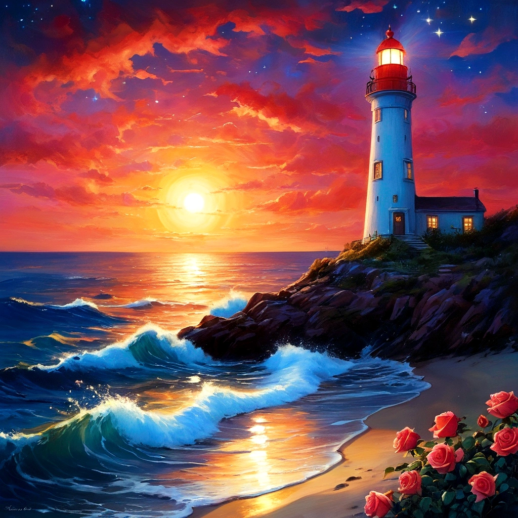 Seaside at night，Long shot，In the distance is the quiet and bright starry sky and islands，There is glowing sea water in the lower right corner of the picture，There is a lighthouse on the seaside，(There is a bright, winding path along the seaside that extends to the south，Large patches of glowing red roses grow on the beach, lighting up the path)，Glowing rose petals floating on the sea，Clear edge glow rendering，Neon light effects，Strong color contrast，Emphasize the bright colors in the lower right corner，水彩画Ink splashing质感，Light and Shadow Art，Gorgeous, romantic, beautiful and dreamy atmosphere，Large game CG scenes，Light painting rendering，Light particle effects，Flowing Lights，Bright lights flashing on the seaside， Beautiful art UHD 4K， Oil painting texture，Beautiful Numbers艺术作品， A quiet night. Digital Illustration， A beautiful artistic illustration， Beautiful Numbers， Amazing wallpapers， 4k highly detailed digital art， Fantasy seascape， 4K HD illustration wallpaper， beautiful Digital Illustration,8k concept art，Utopian Fantasy Art，Ink splashing