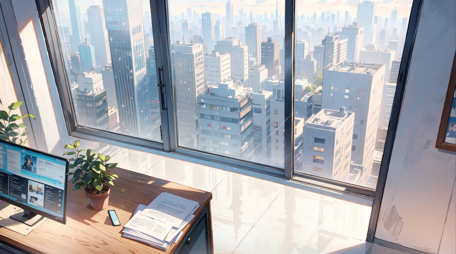 （best quality，masterpiece：1.2，detailed details，4k）， office, president's office, floor-to-ceiling windows, potted plants, computers and documents on the desk, top-down view scene,
